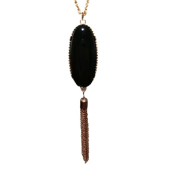 Vintage Black Oval Bead Necklace Tassel Pendant Antiqued Gold Tone 24" Chain - Picture 5 of 7